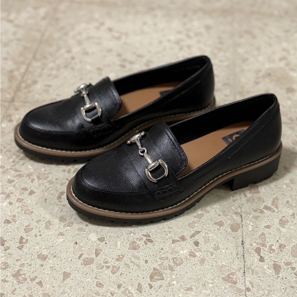 Black Leather Loafers with Silver Buckle